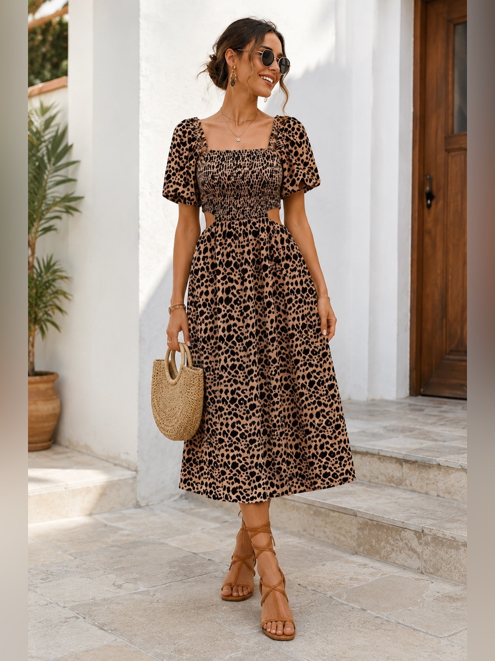 Blush Leopard Print Midi Dress | Vacation Summer Boho Dress | Size L